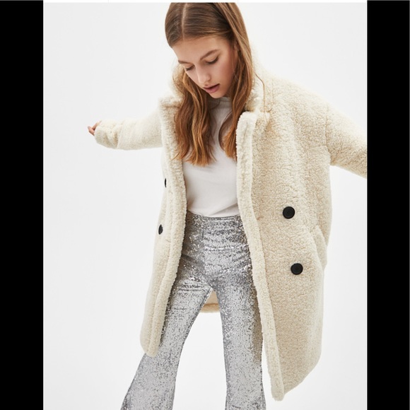 Long faux shearling double-breasted coat in cream - Picture 3 of 8